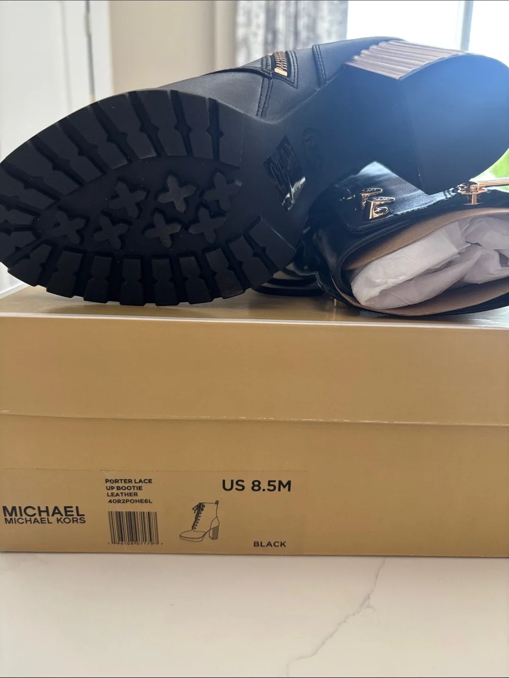 Michael Kors Black Leather Porter Lace-Up Ankle Boots with Gold Heel